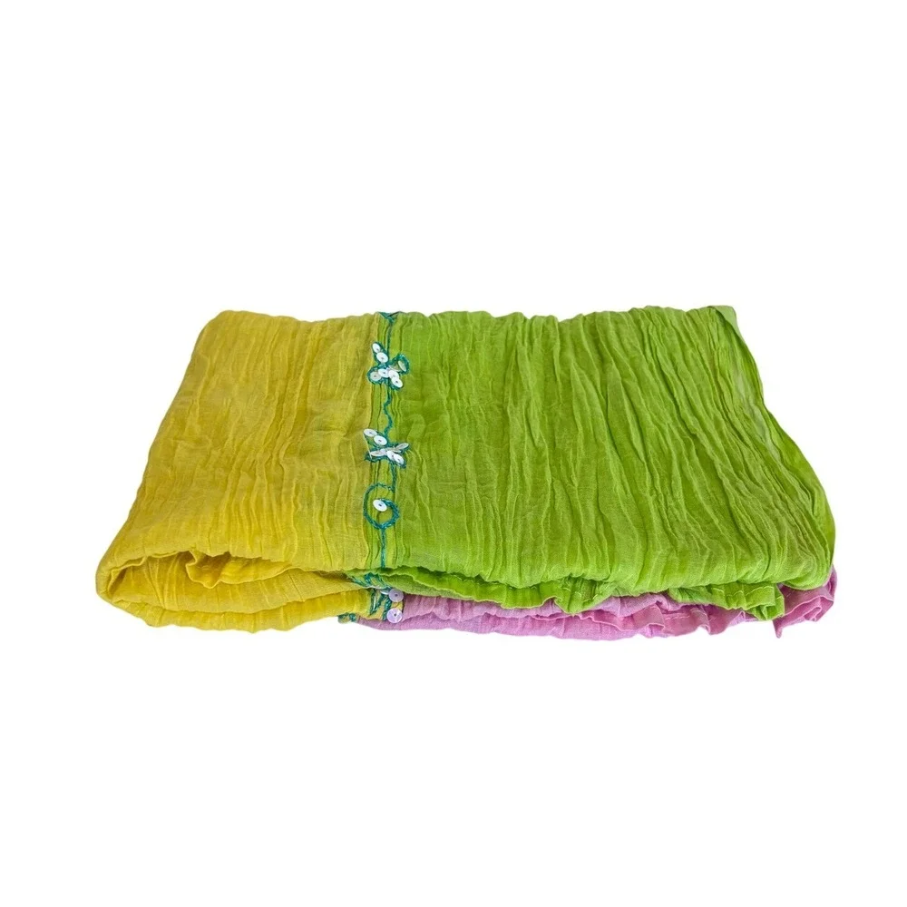 Boho Coastal Crinkle Sequin Embroidered Scarf Wrap Shawl‎ Pink Yellow Green OS